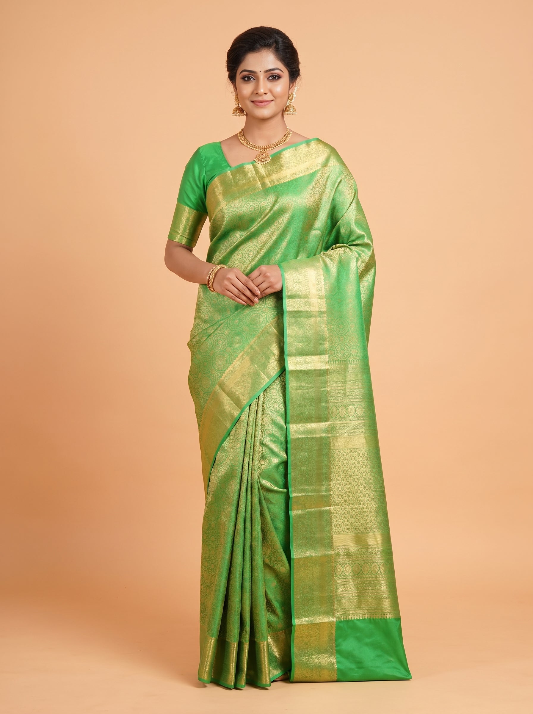 Emerald Green Silk Saree With Intricate Antique Gold Zari Buta & Rich Pallu