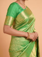 Emerald Green Silk Saree With Intricate Antique Gold Zari Buta & Rich Pallu