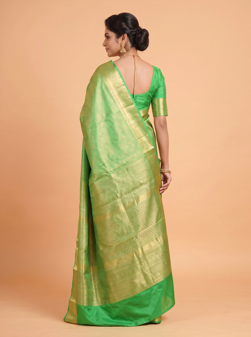 Emerald Green Silk Saree With Intricate Antique Gold Zari Buta & Rich Pallu