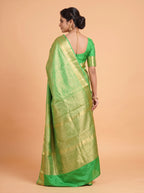 Emerald Green Silk Saree With Intricate Antique Gold Zari Buta & Rich Pallu