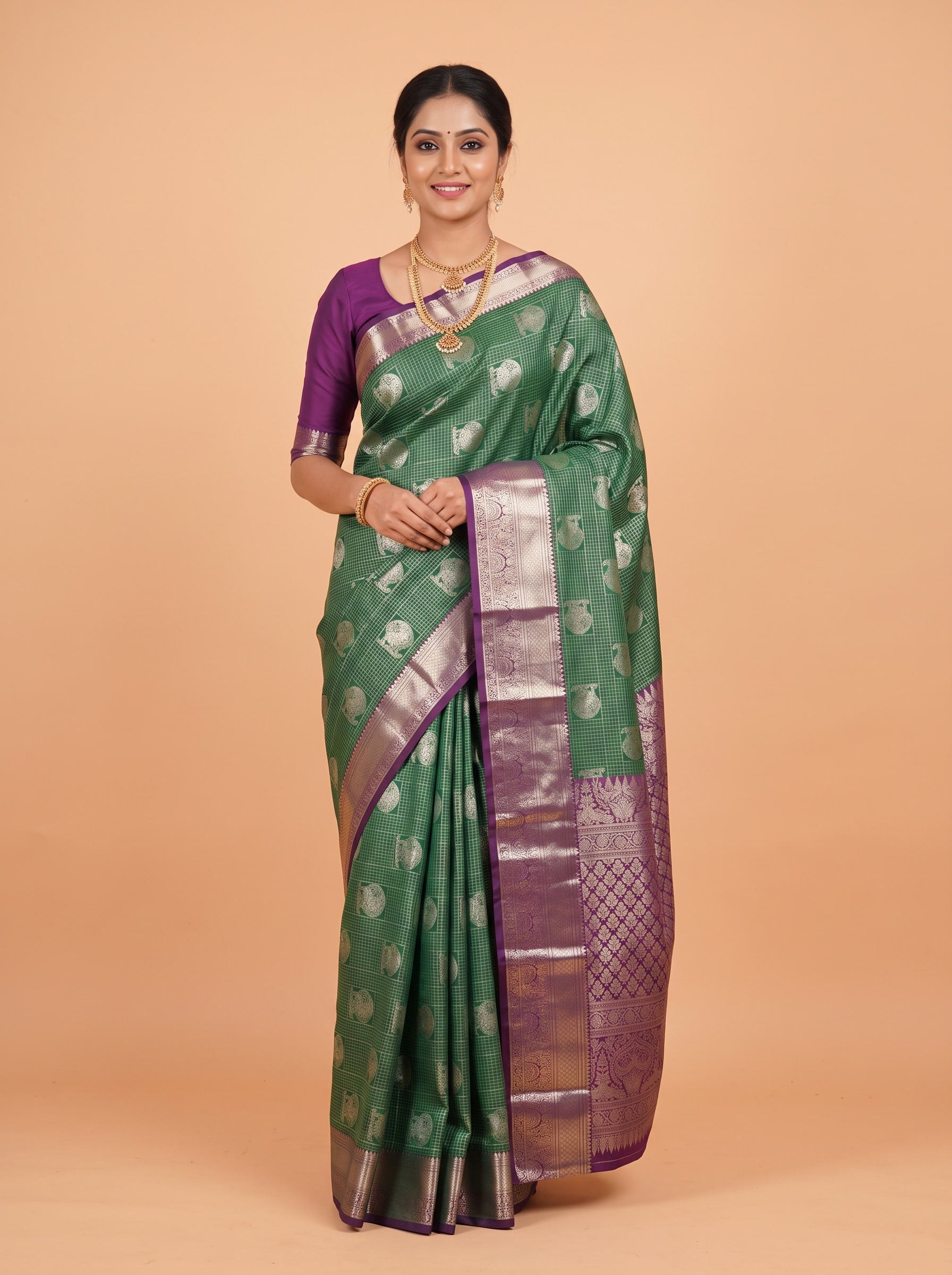 Rich Magenta Purple With Bottle Green Pallu