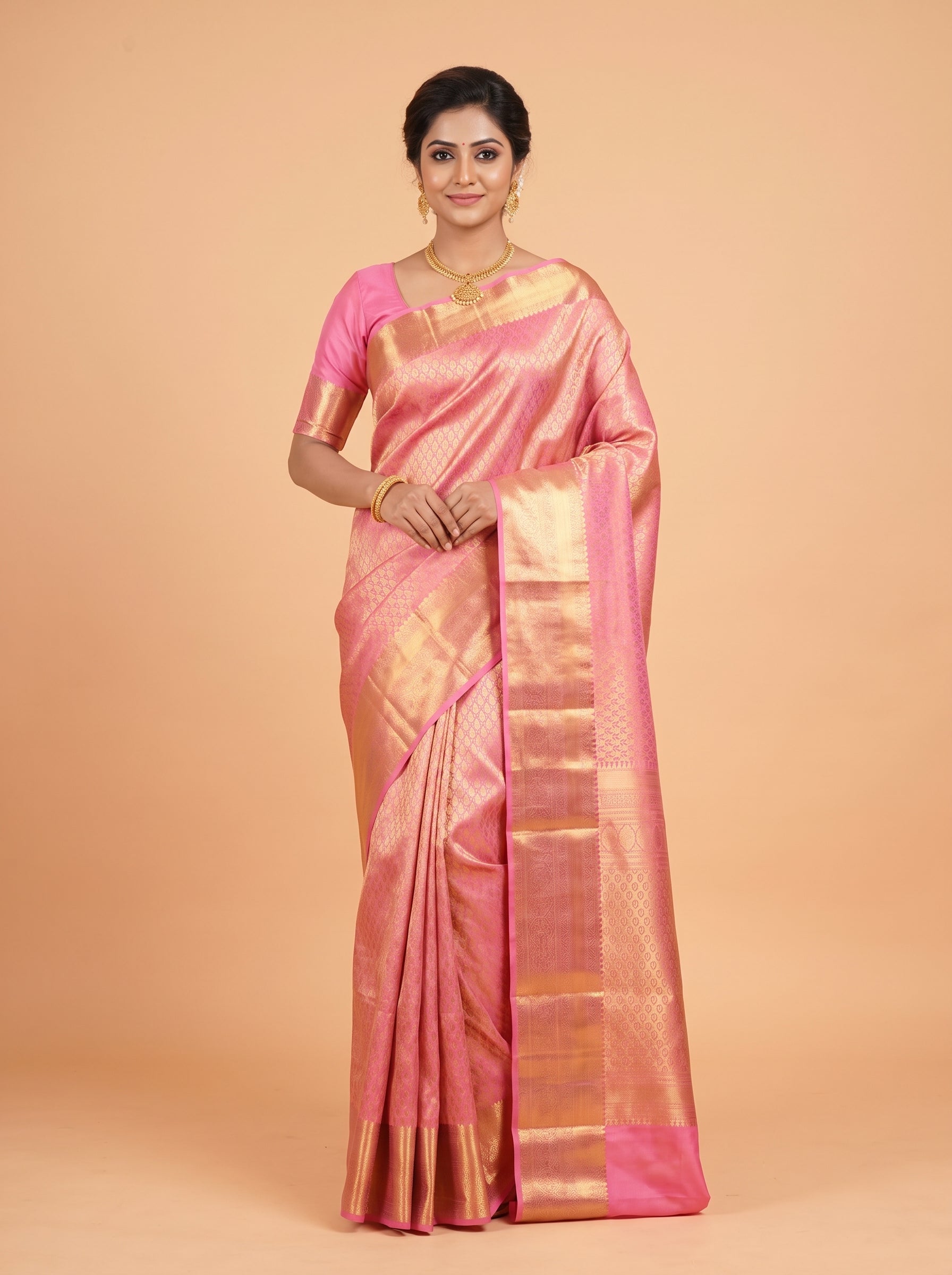 Pink Semi Silk Saree With Antique Gold Zari Motifs