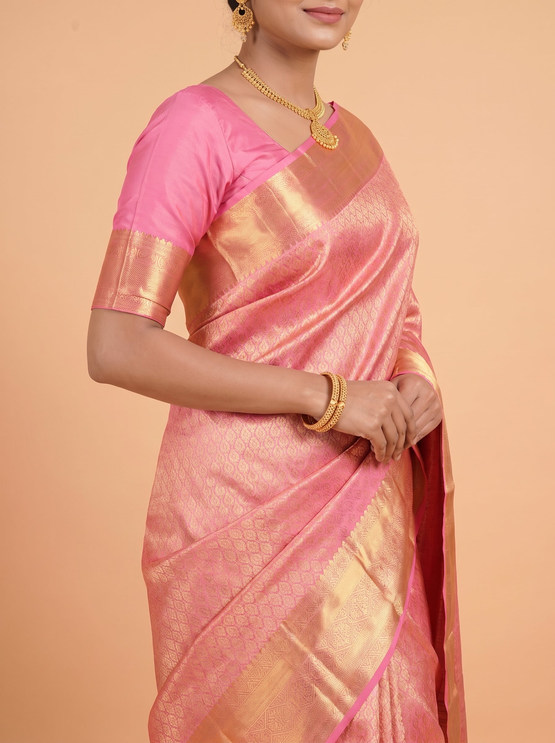 Pink Semi Silk Saree With Antique Gold Zari Motifs