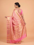 Pink Semi Silk Saree With Antique Gold Zari Motifs