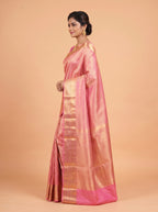 Pink Semi Silk Saree With Antique Gold Zari Motifs