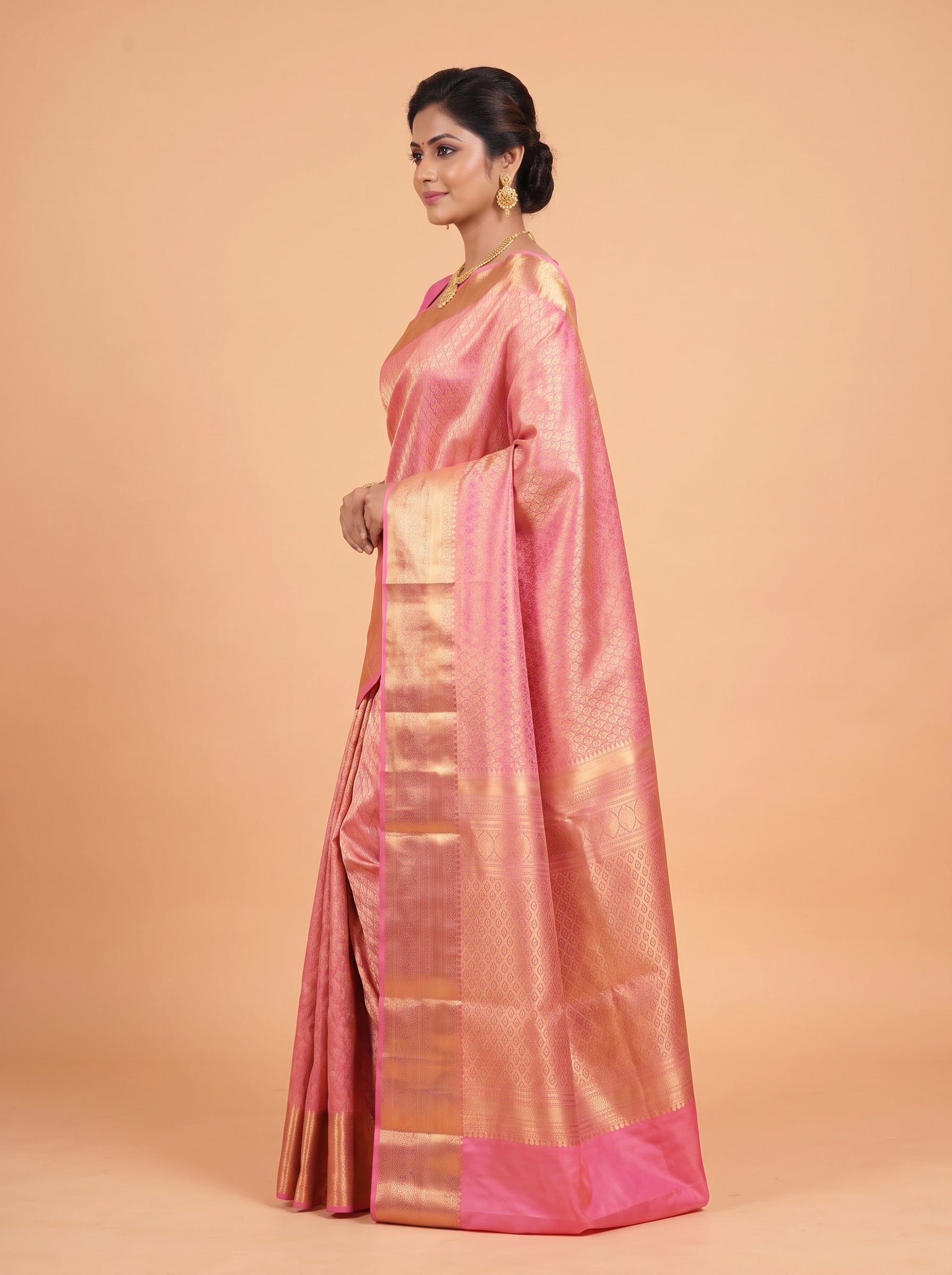Pink Semi Silk Saree With Antique Gold Zari Motifs