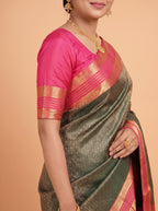 Teal  Green  Silk  Saree  With  Rani  Pink  Pallu  Intricate  Gold  Zari