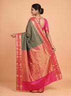 Teal  Green  Silk  Saree  With  Rani  Pink  Pallu  Intricate  Gold  Zari