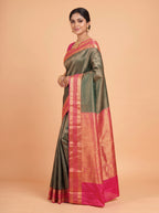 Teal  Green  Silk  Saree  With  Rani  Pink  Pallu  Intricate  Gold  Zari