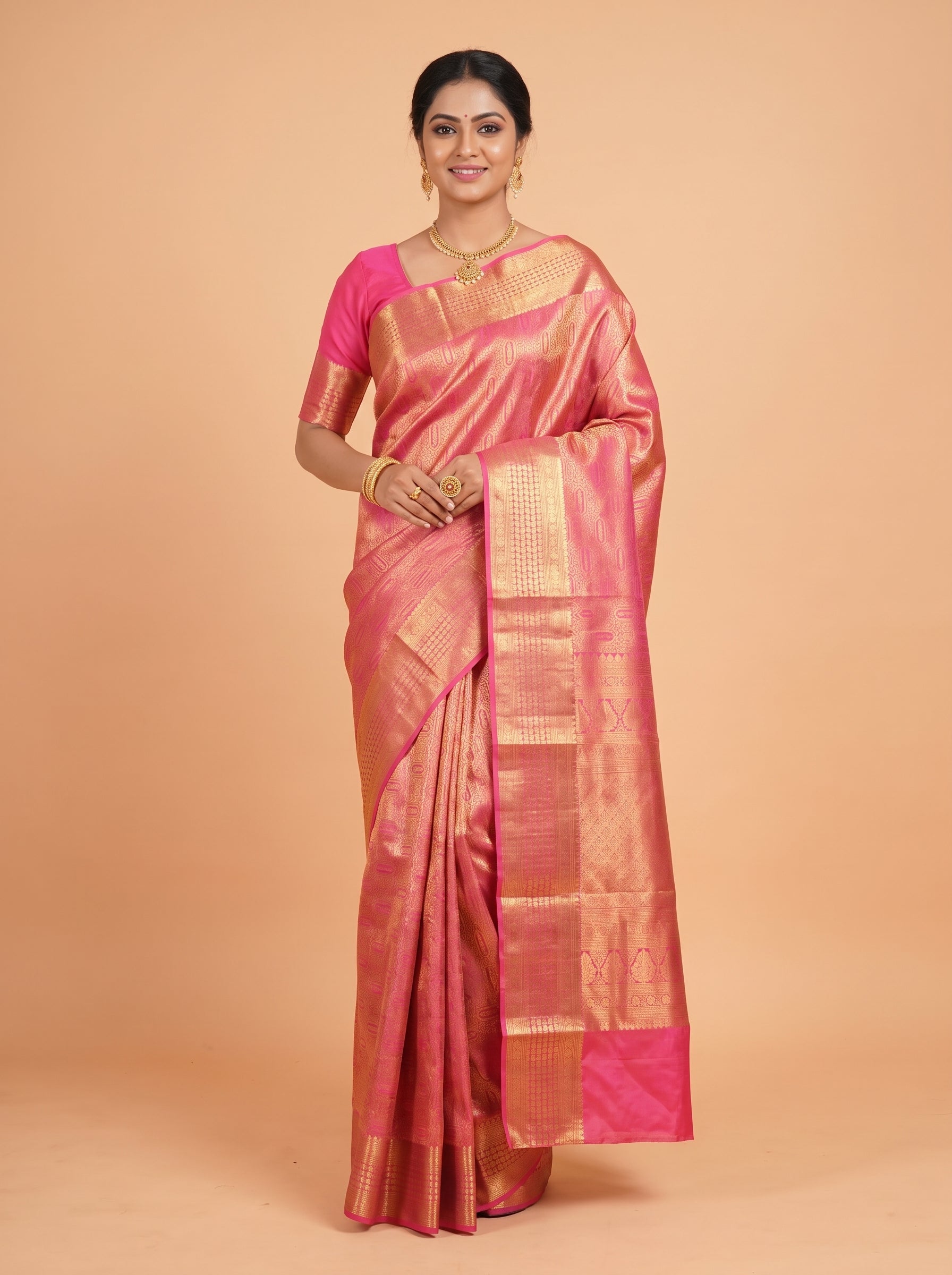 Rani Pink Banarasi Silk Saree With Rich Gold Zari Border