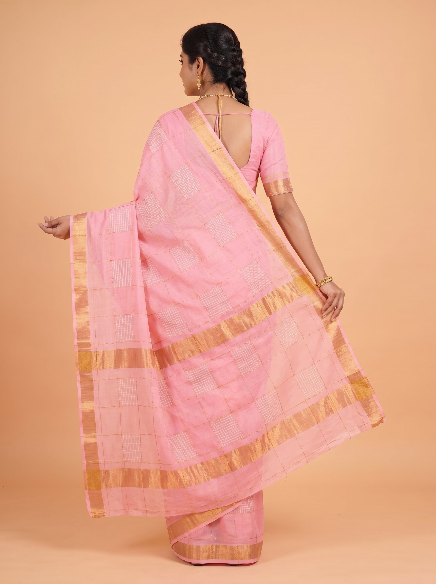 Dusty Rose Pink and Antique Gold Geometric Zari Woven venkatagiri cotton Saree