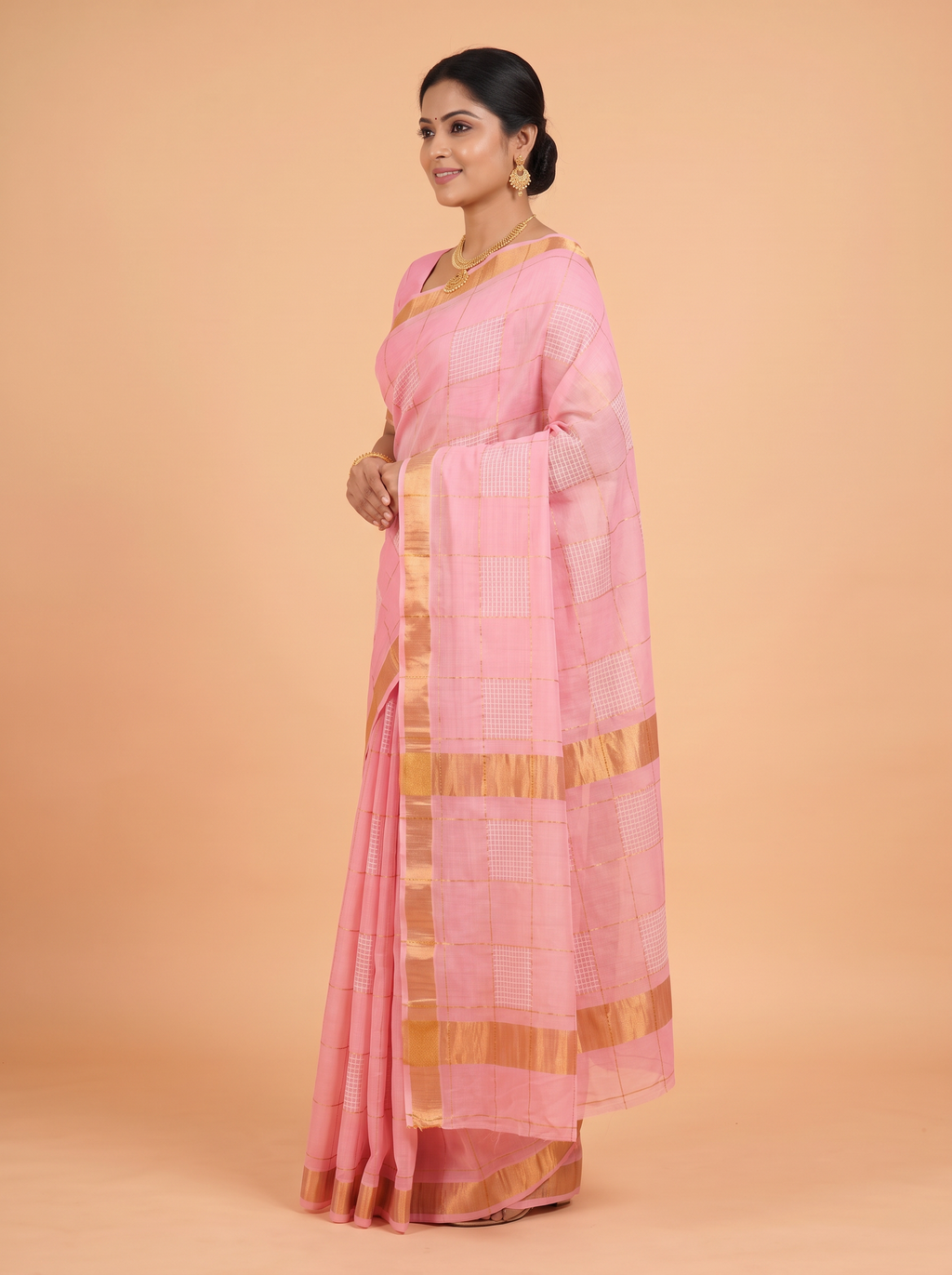 Dusty Rose Pink and Antique Gold Geometric Zari Woven venkatagiri cotton Saree