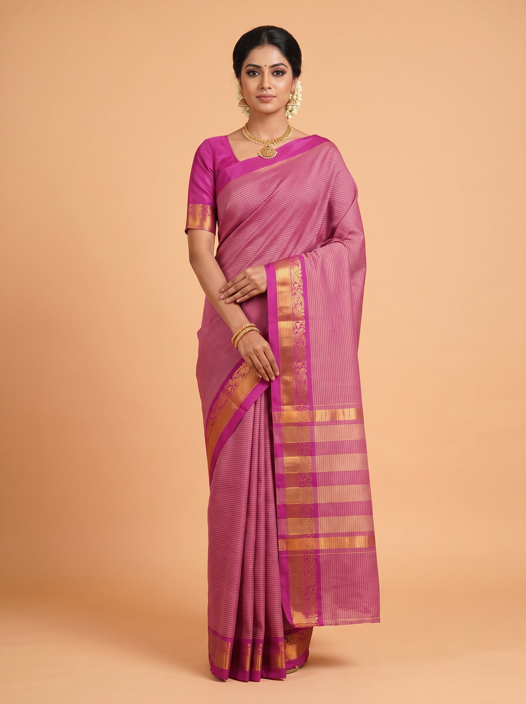 Deep Magenta and Antique Gold Striped Zari Woven venkatagiri cotton Saree