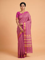 Deep Magenta and Antique Gold Striped Zari Woven venkatagiri cotton Saree