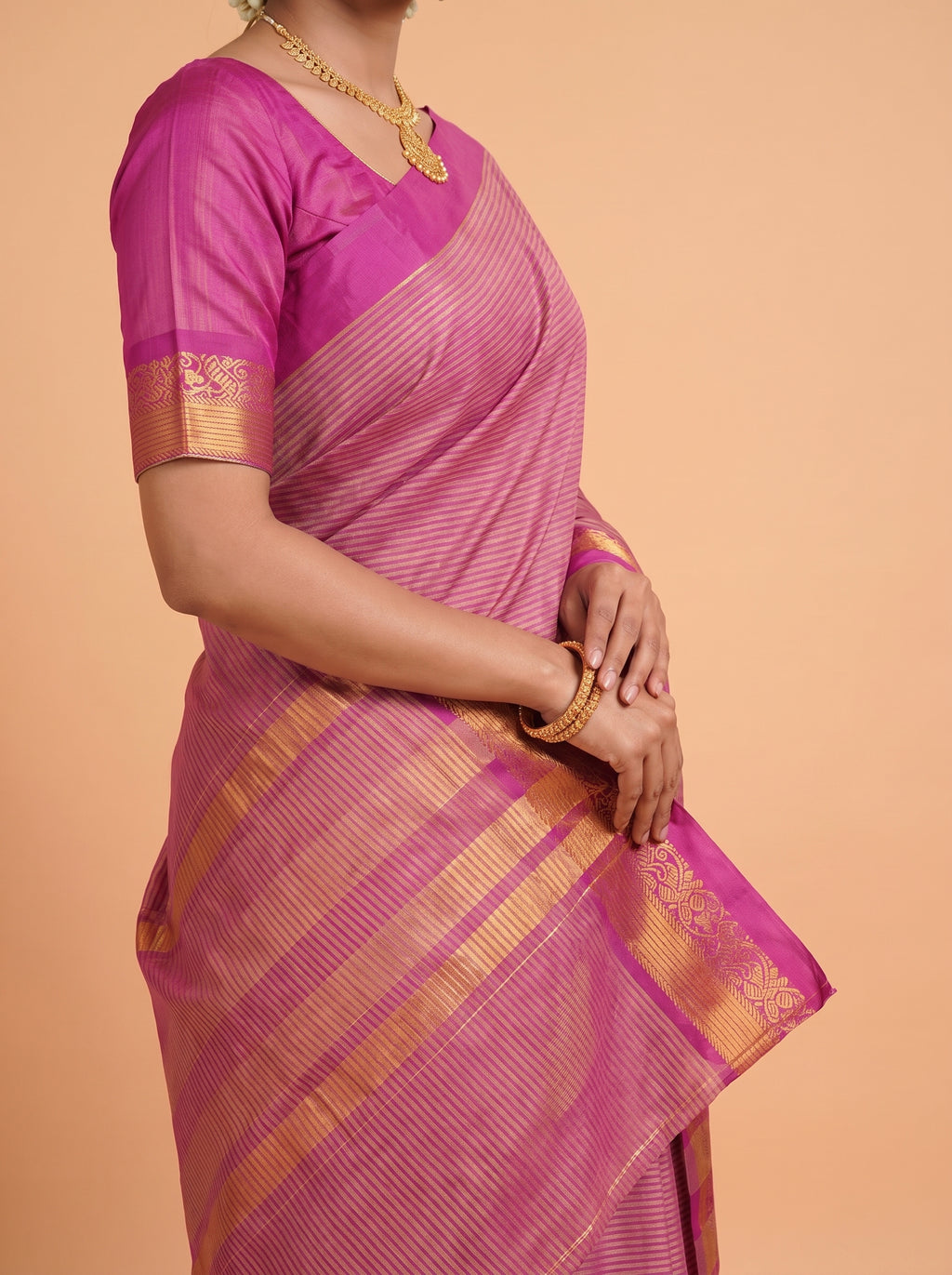Deep Magenta and Antique Gold Striped Zari Woven venkatagiri cotton Saree