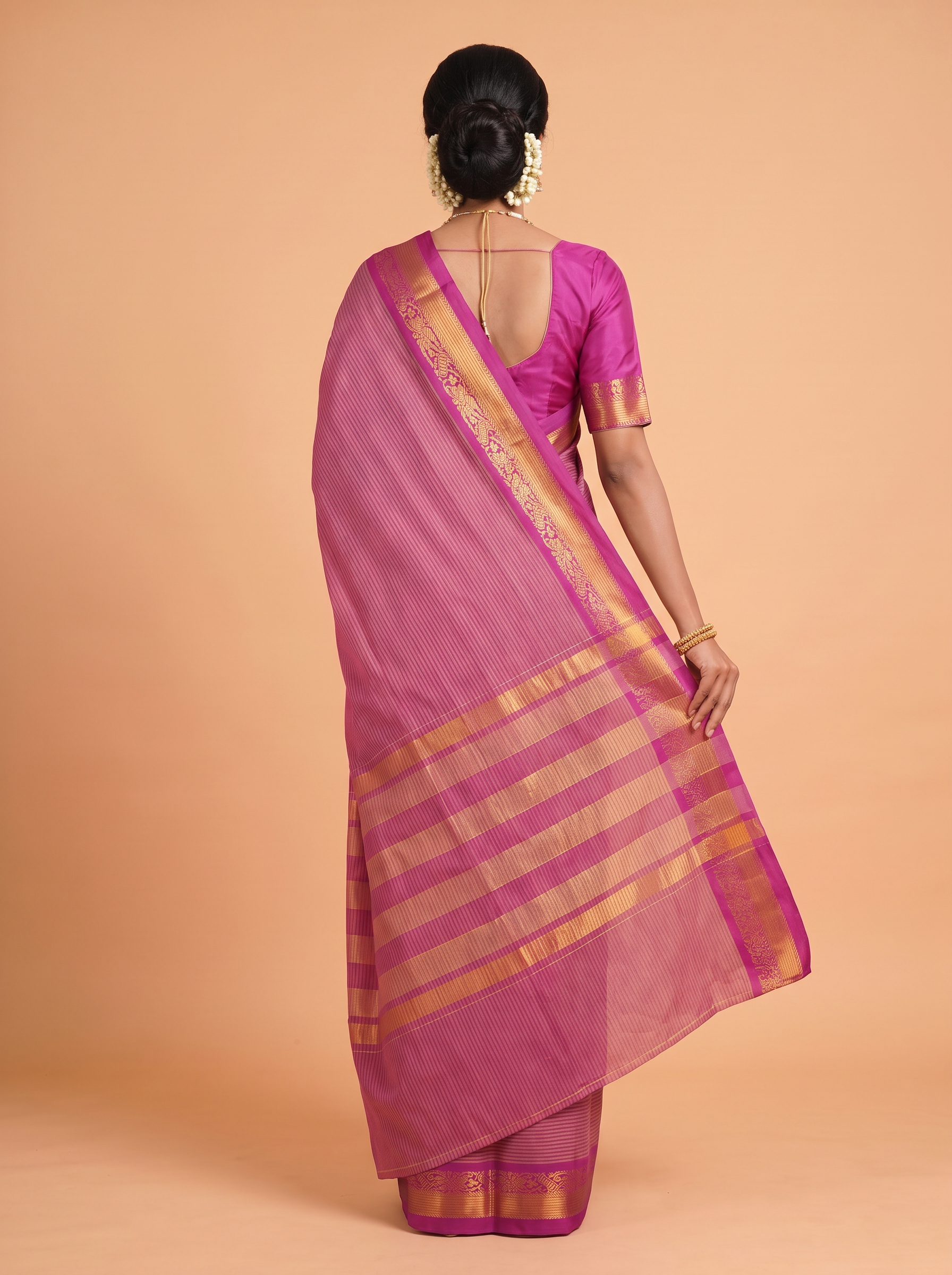 Deep Magenta and Antique Gold Striped Zari Woven venkatagiri cotton Saree