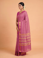 Deep Magenta and Antique Gold Striped Zari Woven venkatagiri cotton Saree