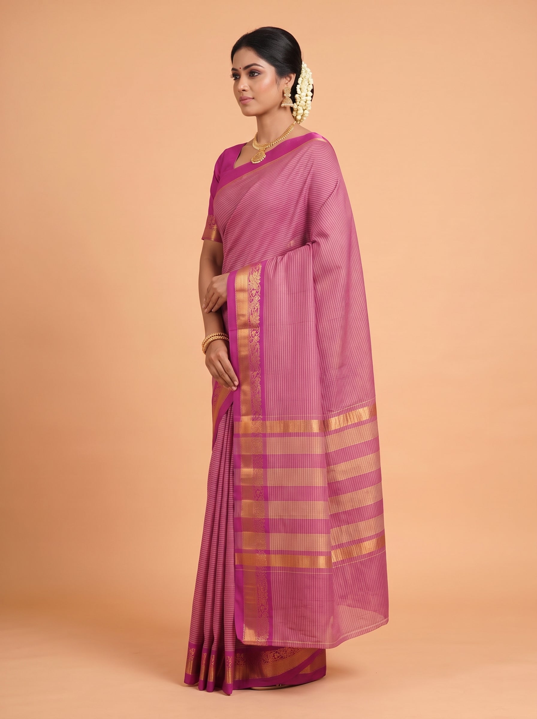 Deep Magenta and Antique Gold Striped Zari Woven venkatagiri cotton Saree