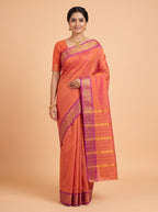 Rust Orange and Antique Gold Zari Striped venkatagiri cotton Saree
