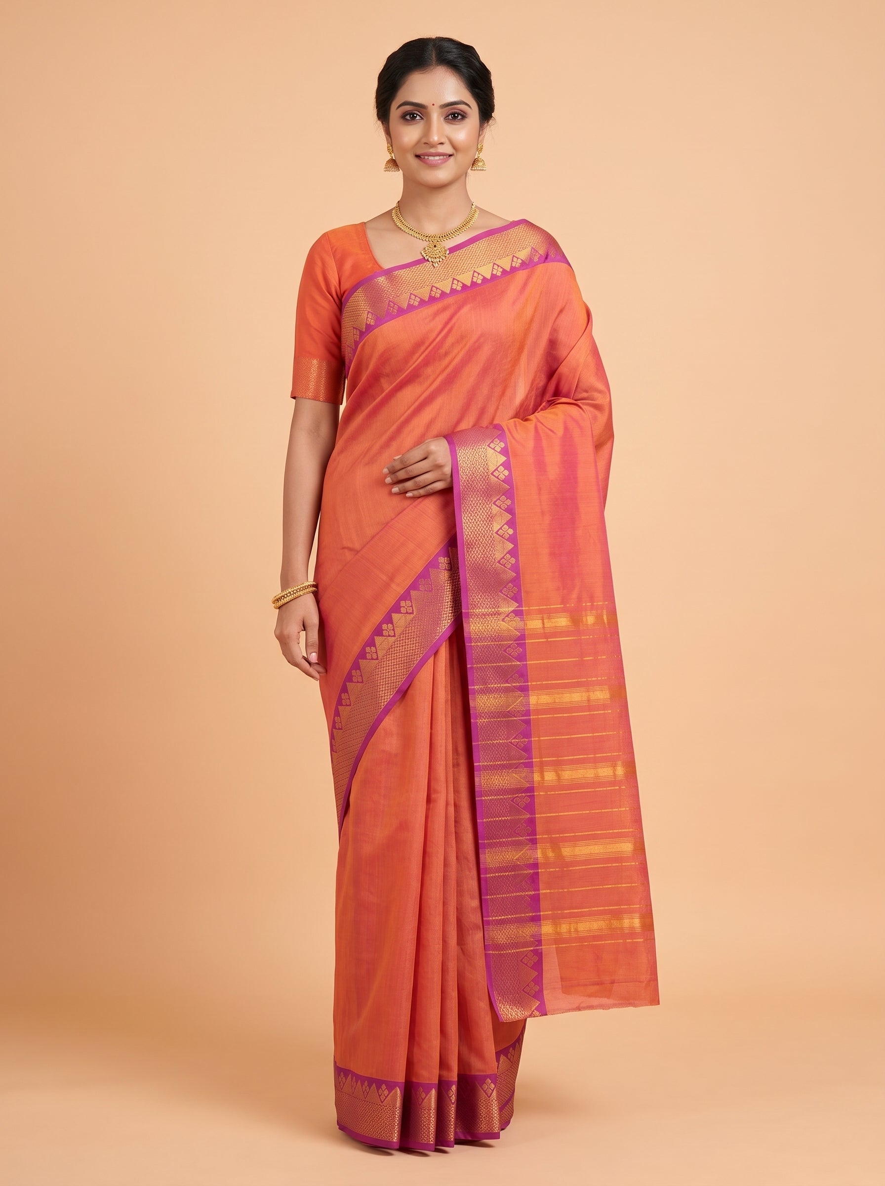 Rust Orange and Antique Gold Zari Striped venkatagiri cotton Saree