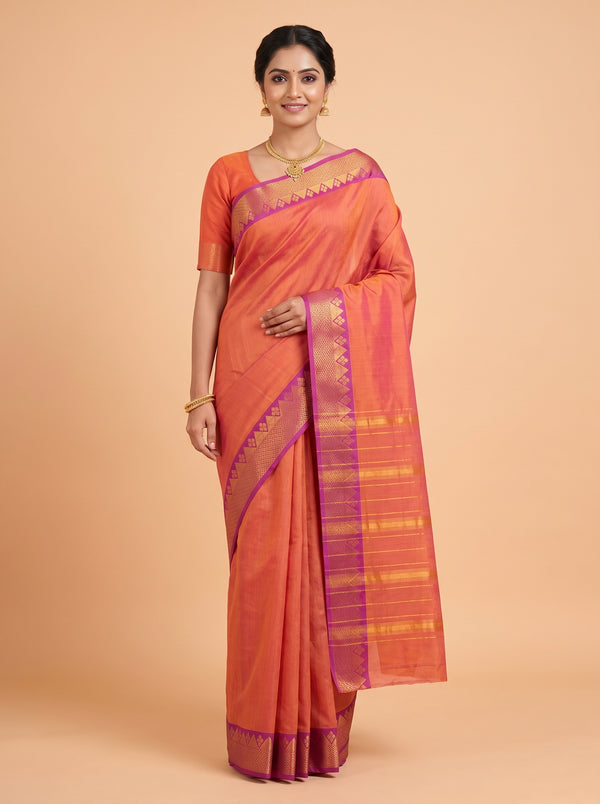 Rust Orange and Antique Gold Zari Striped venkatagiri cotton Saree