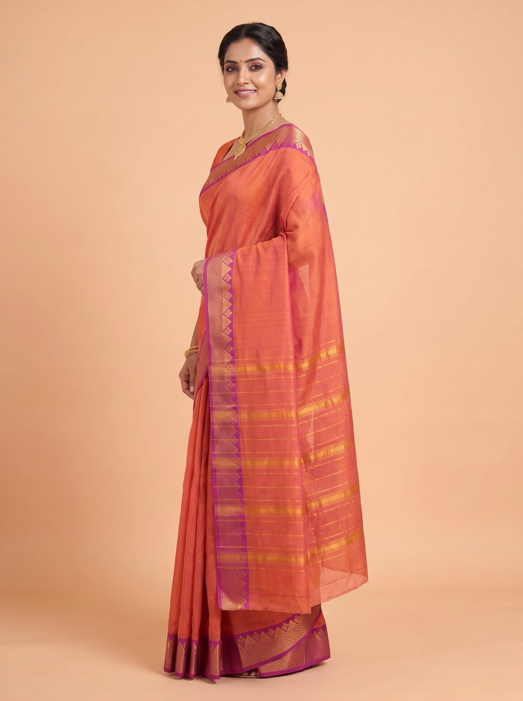 Rust Orange and Antique Gold Zari Striped venkatagiri cotton Saree