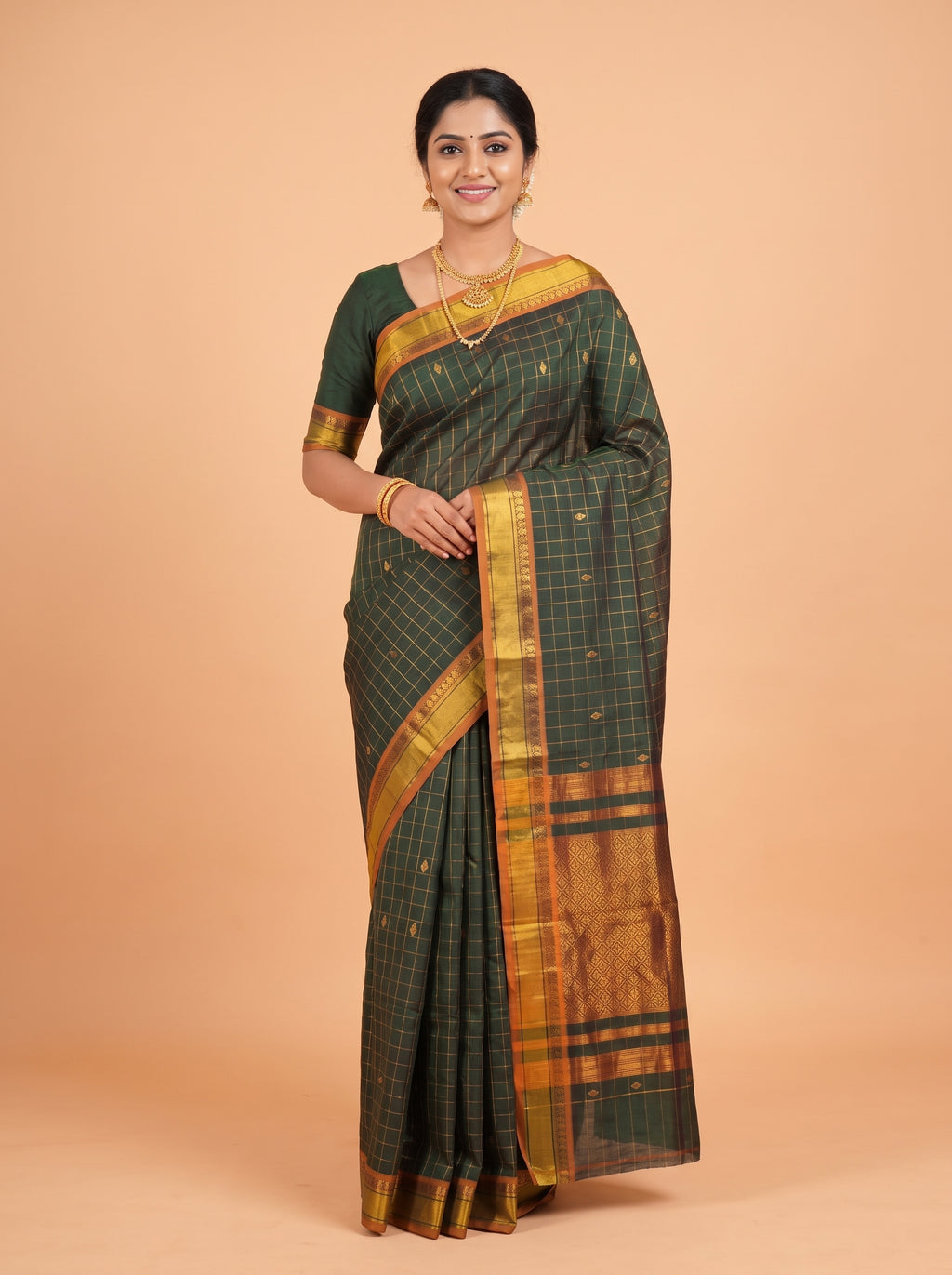 Deep Green and Antique Gold Zari Woven venkatagiri cotton Saree