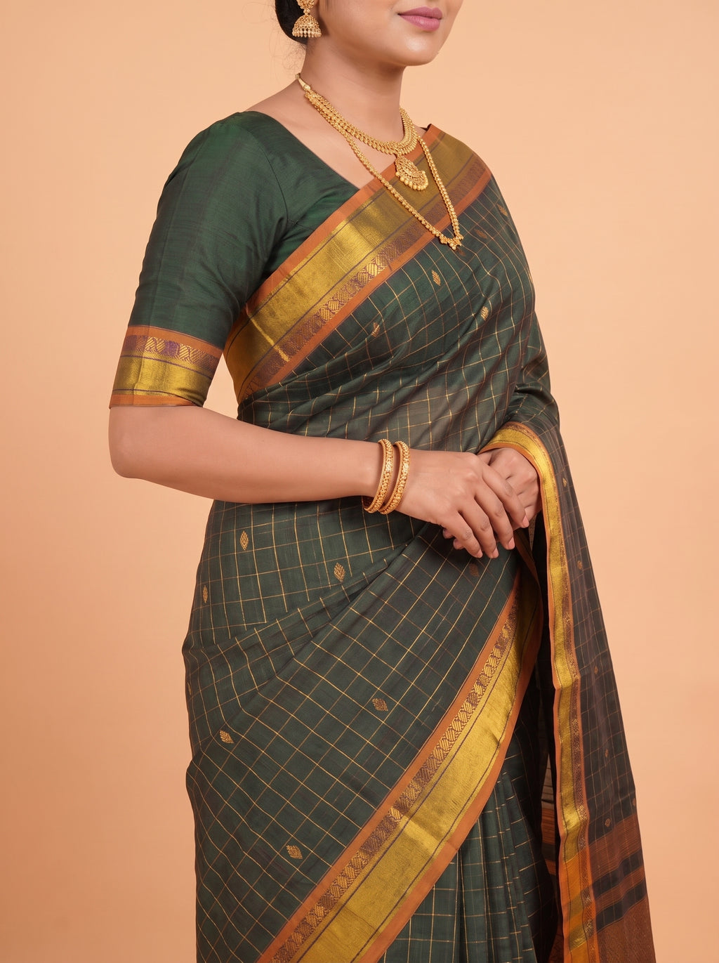 Deep Green and Antique Gold Zari Woven venkatagiri cotton Saree