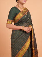 Deep Green and Antique Gold Zari Woven venkatagiri cotton Saree