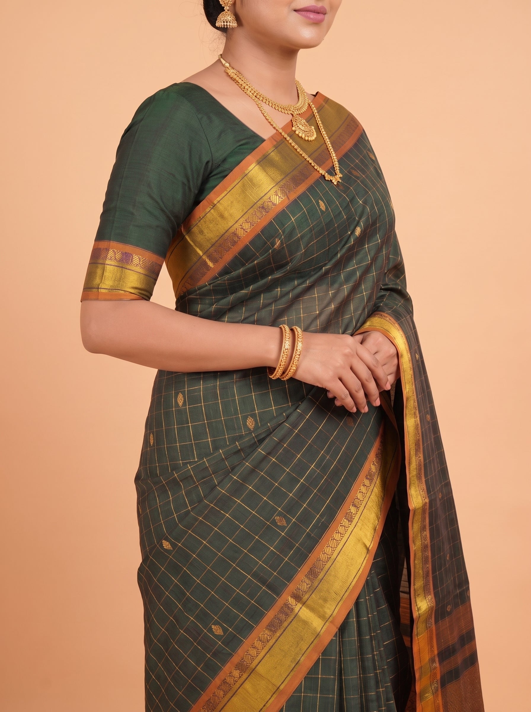 Deep Green and Antique Gold Zari Woven venkatagiri cotton Saree