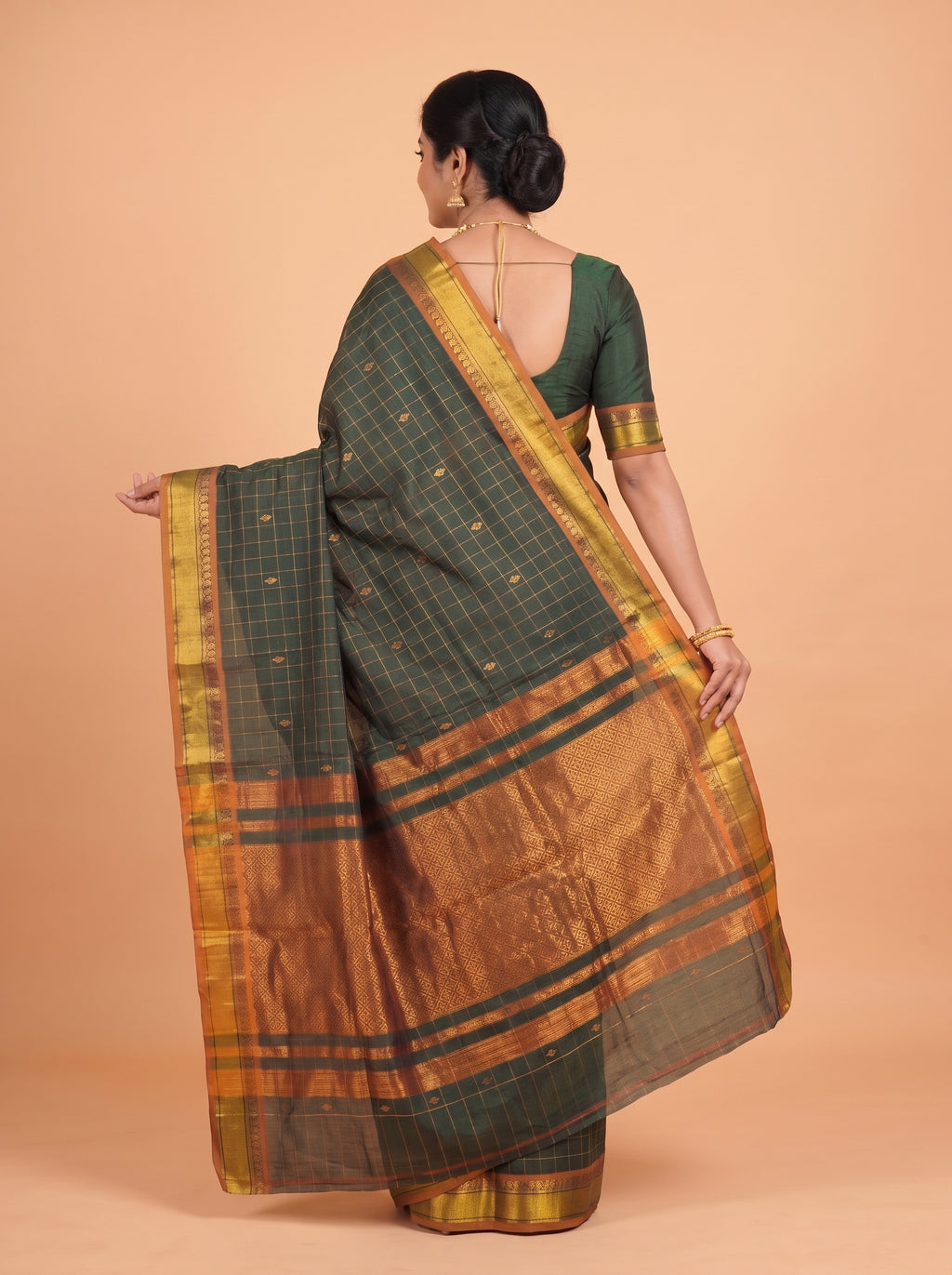 Deep Green and Antique Gold Zari Woven venkatagiri cotton Saree