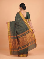 Deep Green and Antique Gold Zari Woven venkatagiri cotton Saree