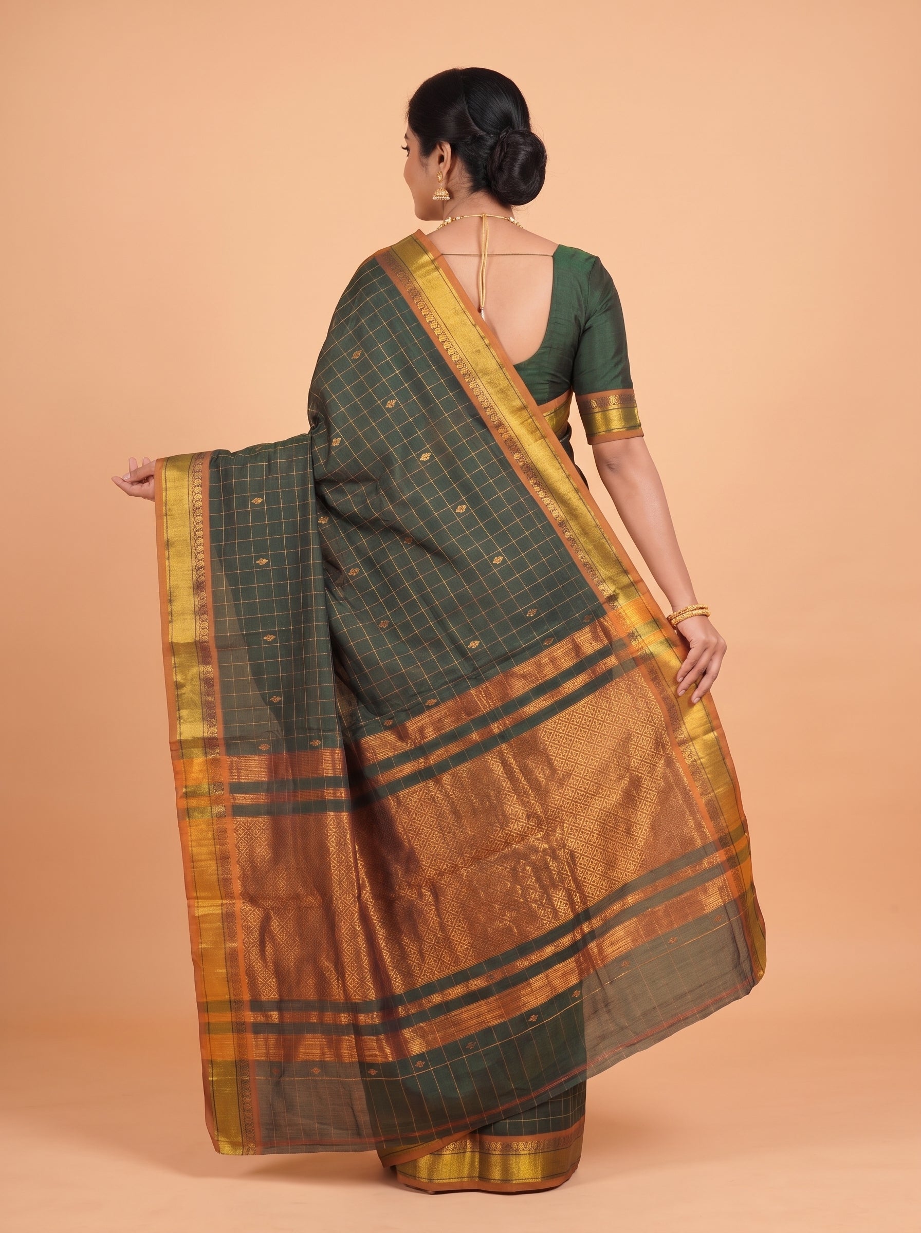 Deep Green and Antique Gold Zari Woven venkatagiri cotton Saree