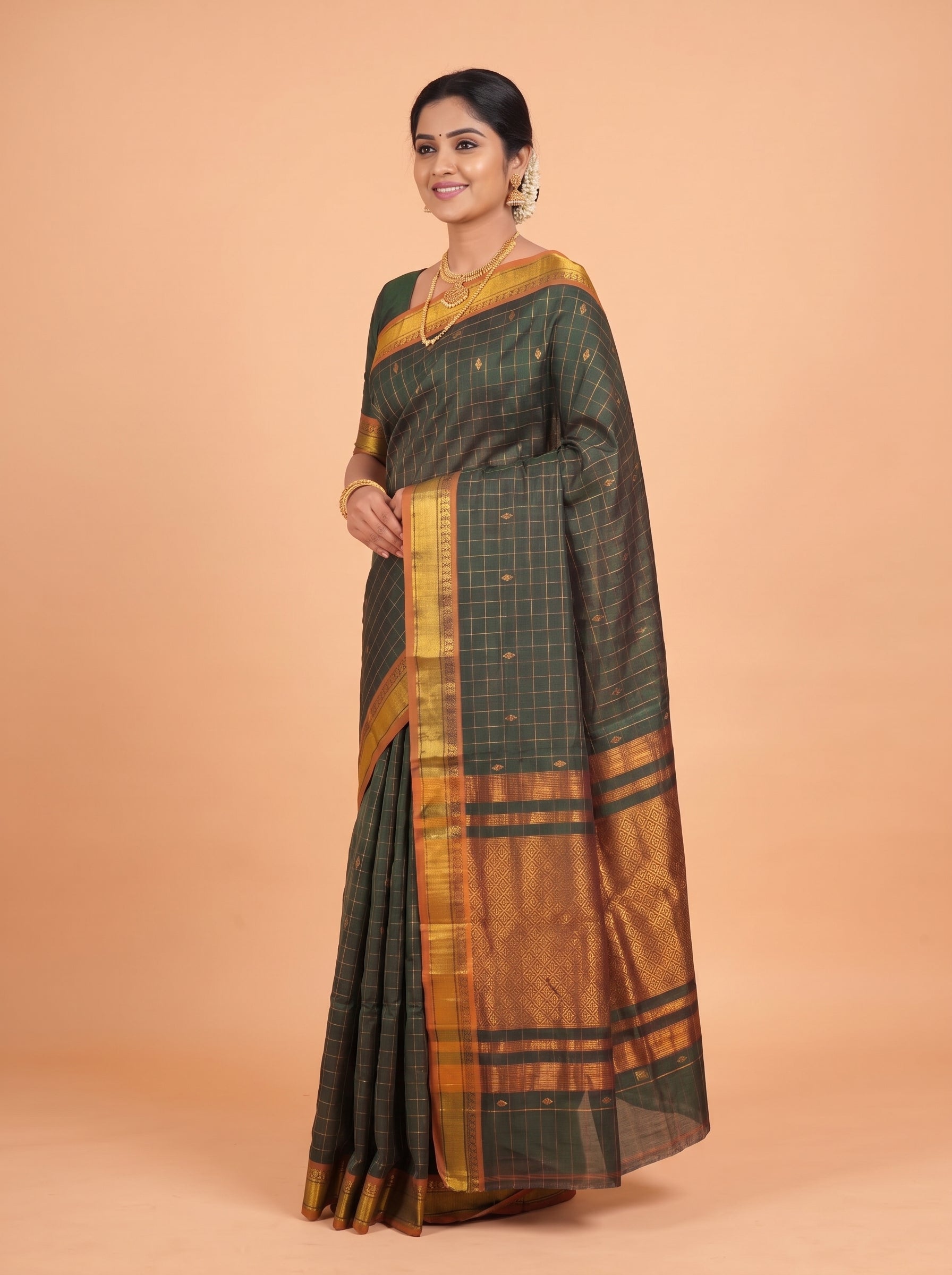 Deep Green and Antique Gold Zari Woven venkatagiri cotton Saree