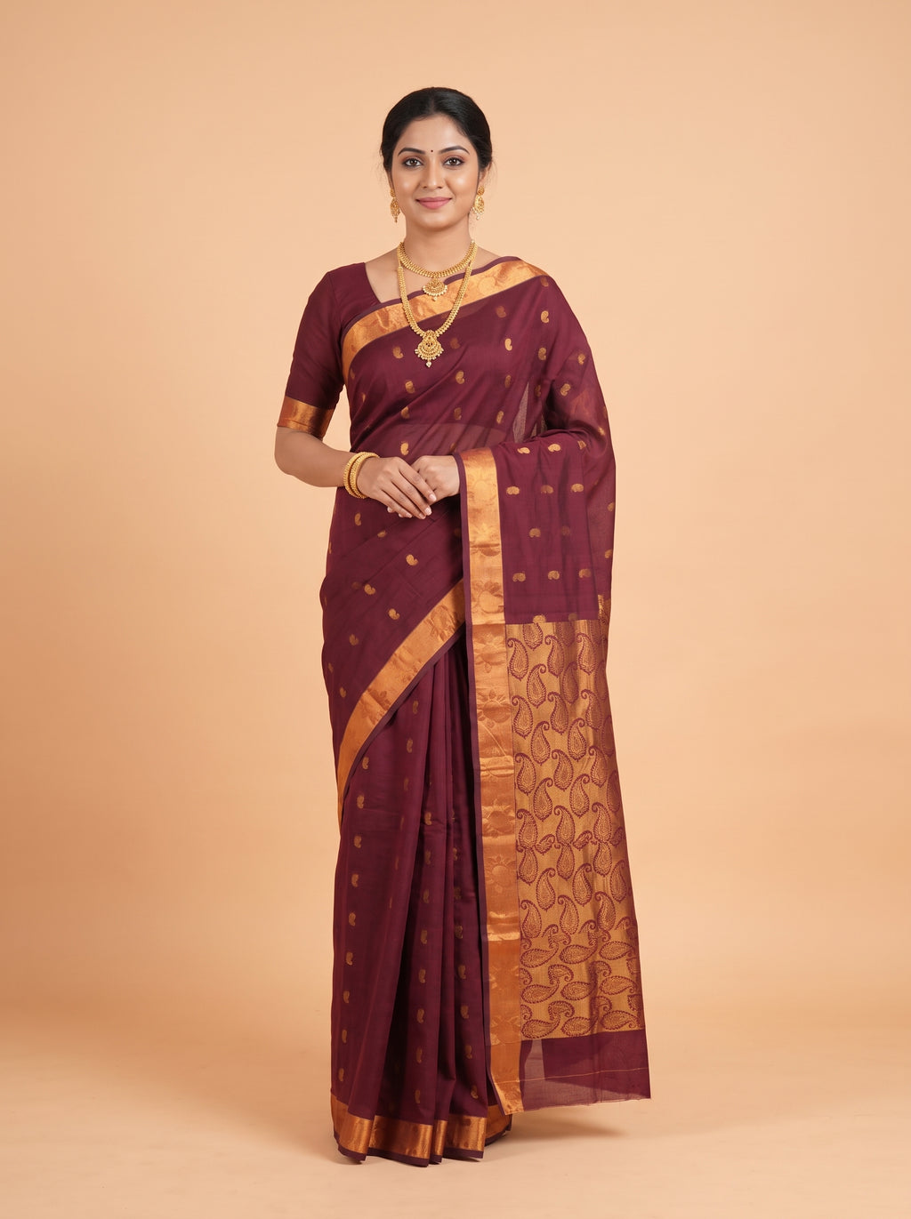 Deep Maroon and Antique Gold Paisley Zari Woven venkatagiri cotton Saree