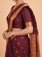 Deep Maroon and Antique Gold Paisley Zari Woven venkatagiri cotton Saree
