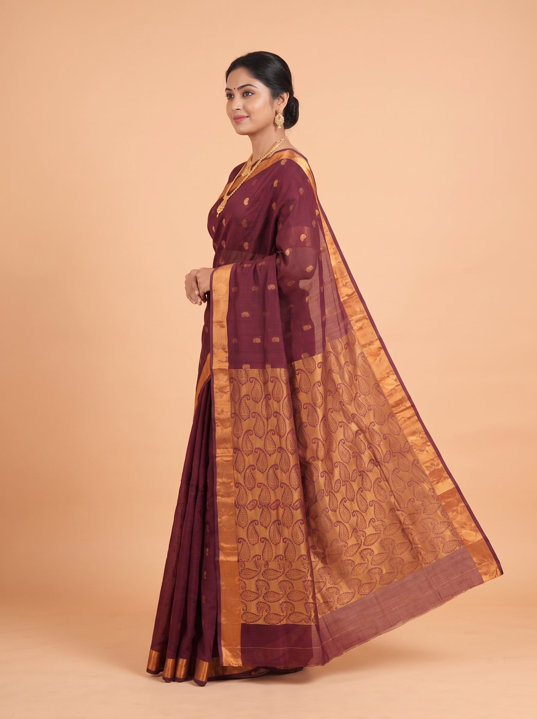 Deep Maroon and Antique Gold Paisley Zari Woven venkatagiri cotton Saree