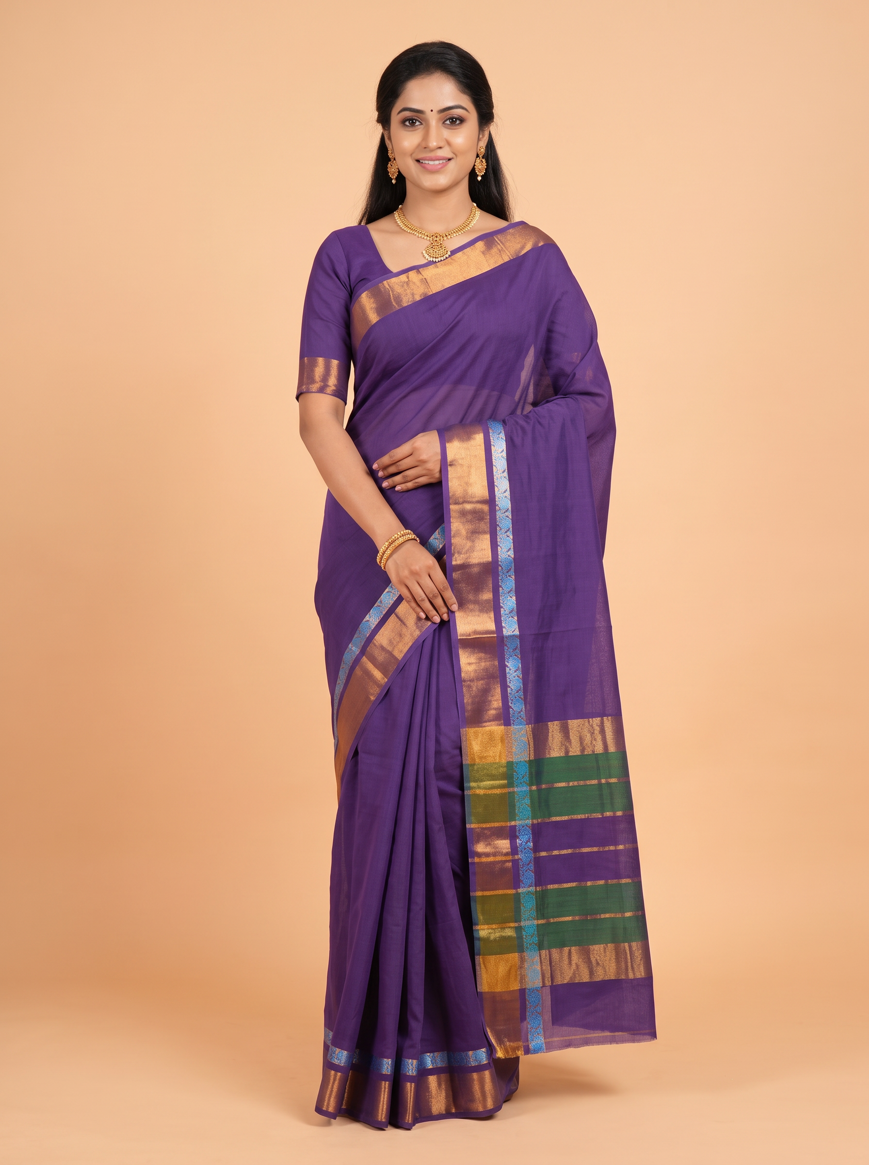 Royal Purple and Royal Blue Antique Gold Zari Woven  venkatagiri cotton Saree
