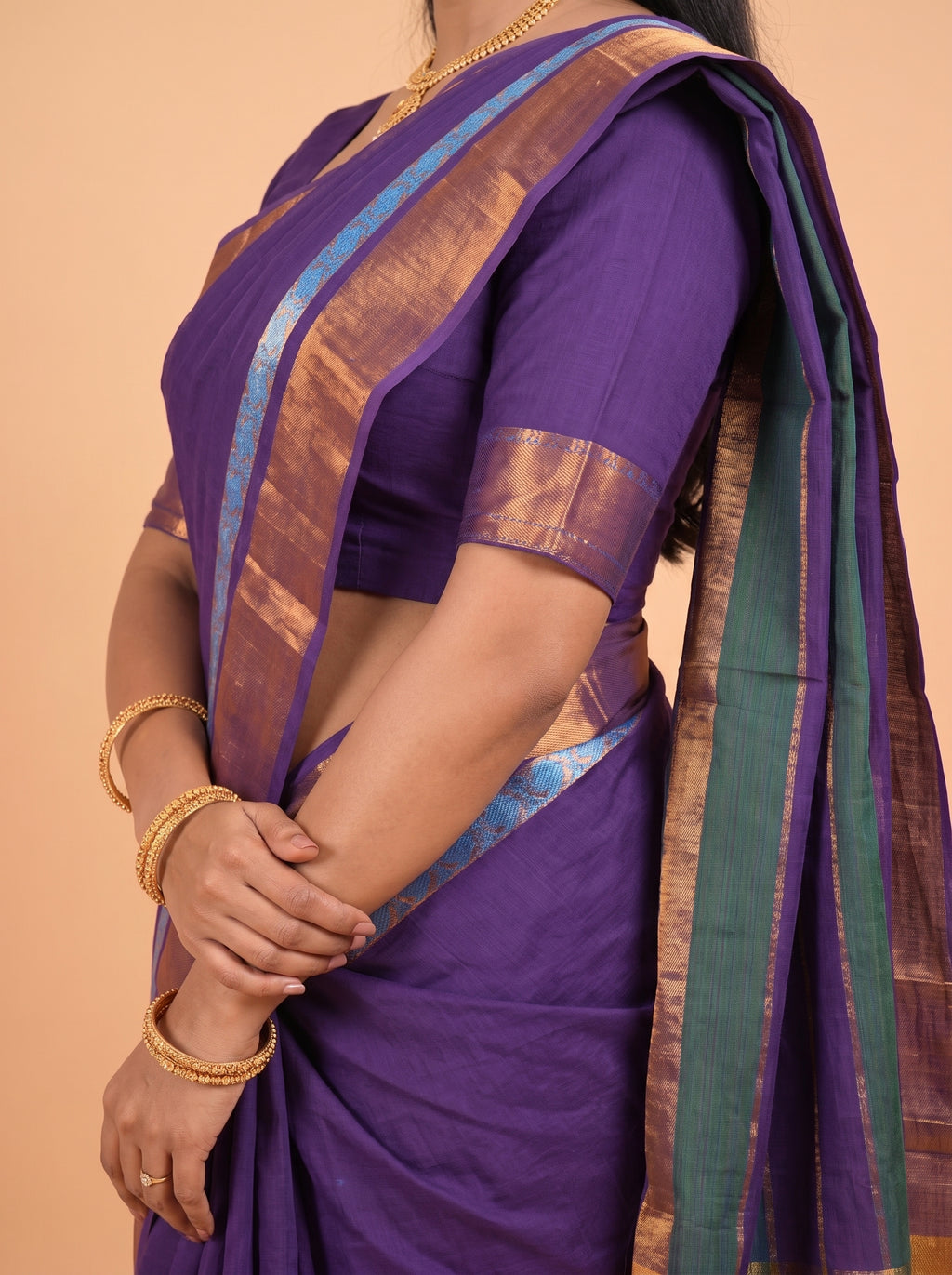 Royal Purple and Royal Blue Antique Gold Zari Woven  venkatagiri cotton Saree