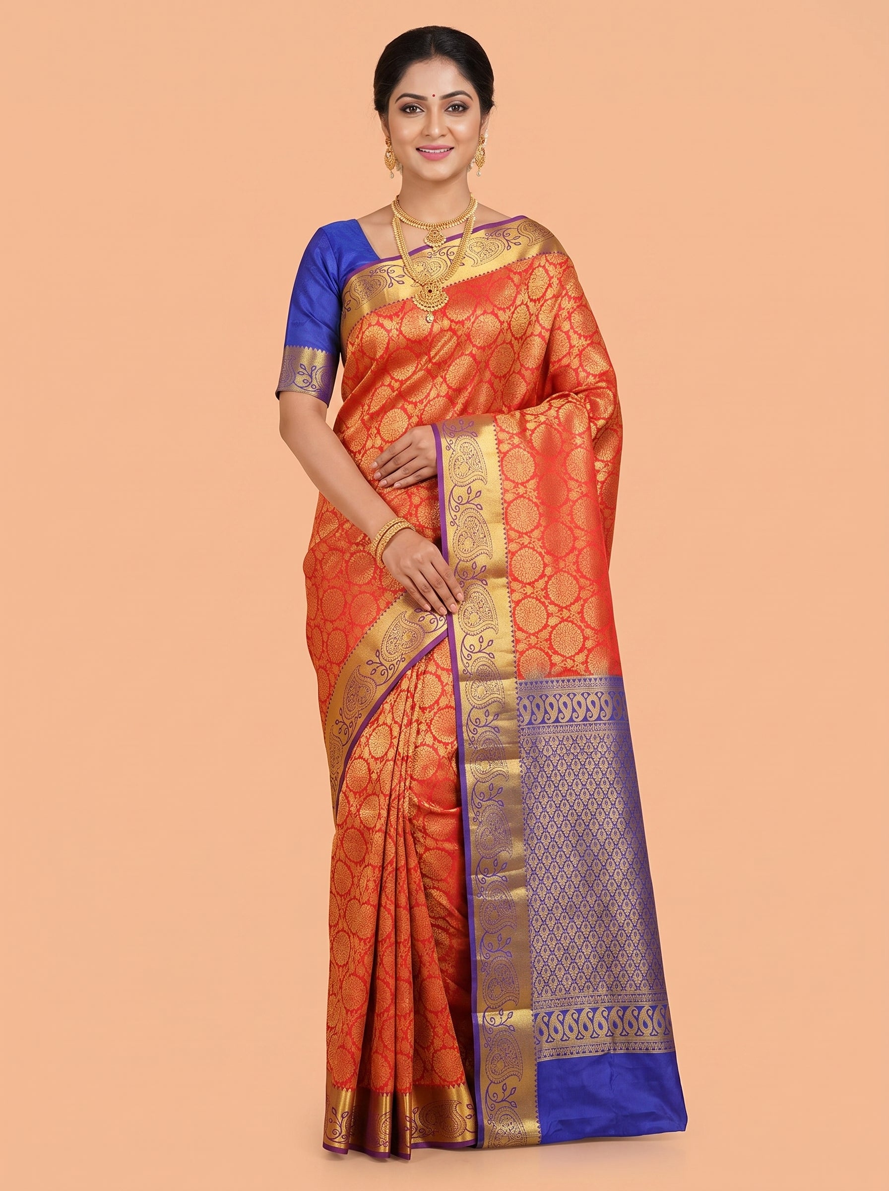 Red and Antique Gold Zari Woven Semi Kanchivaram Silk Saree