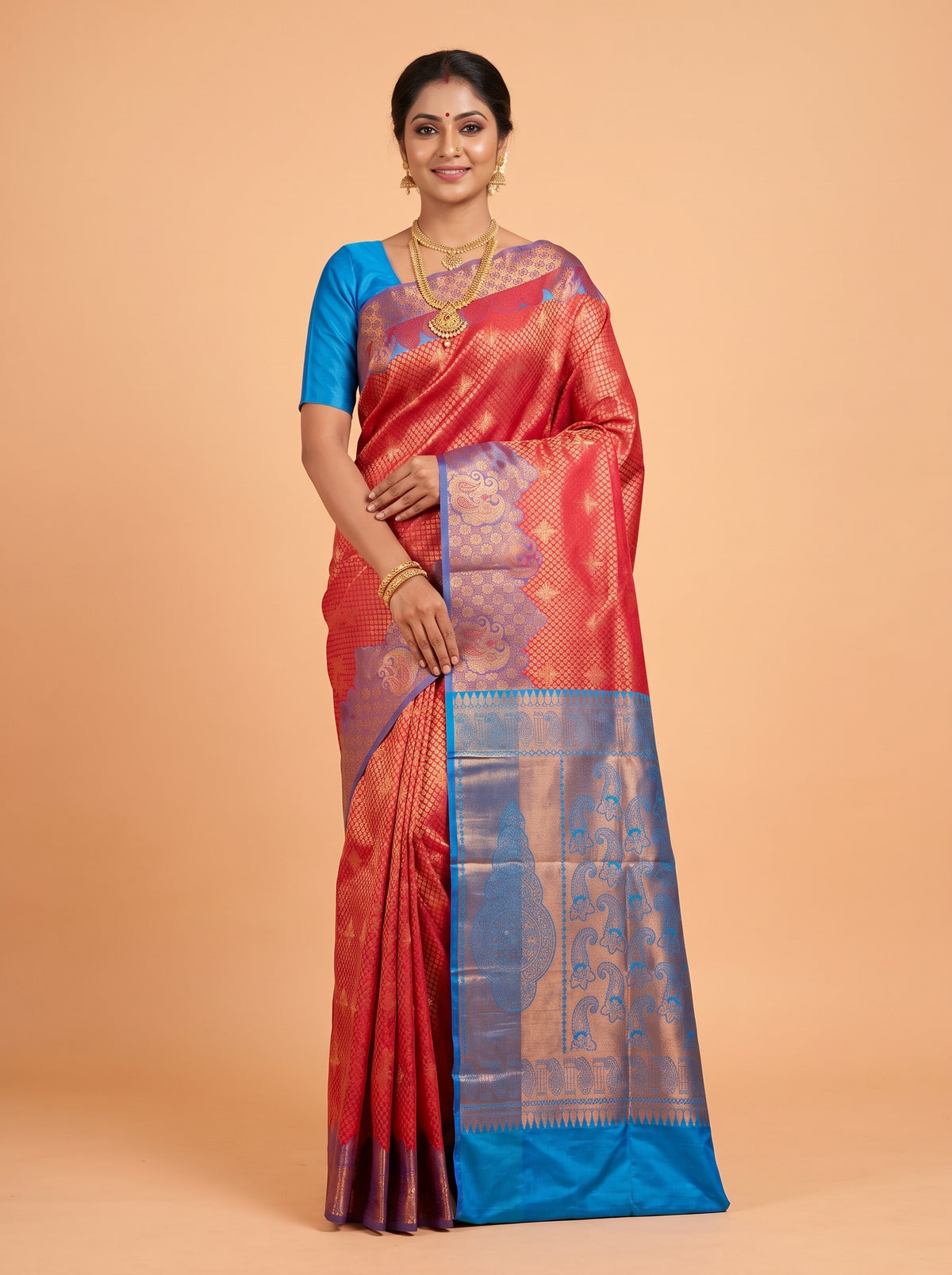 Crimson Red and Royal Blue Antique Gold Zari Woven Semi Kanchivaram Silk Saree