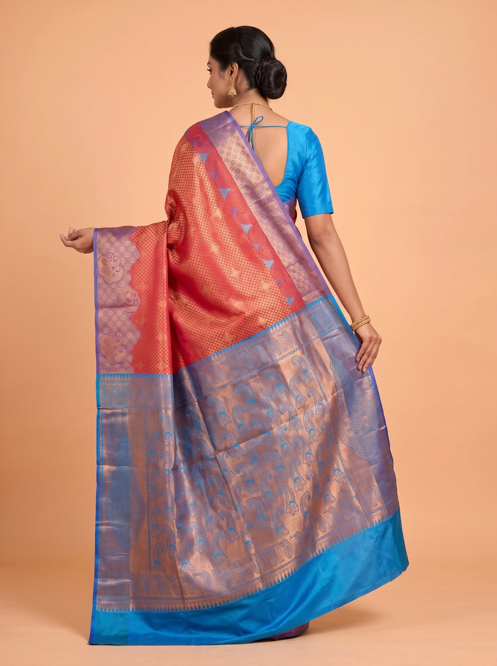 Crimson Red and Royal Blue Antique Gold Zari Woven Semi Kanchivaram Silk Saree