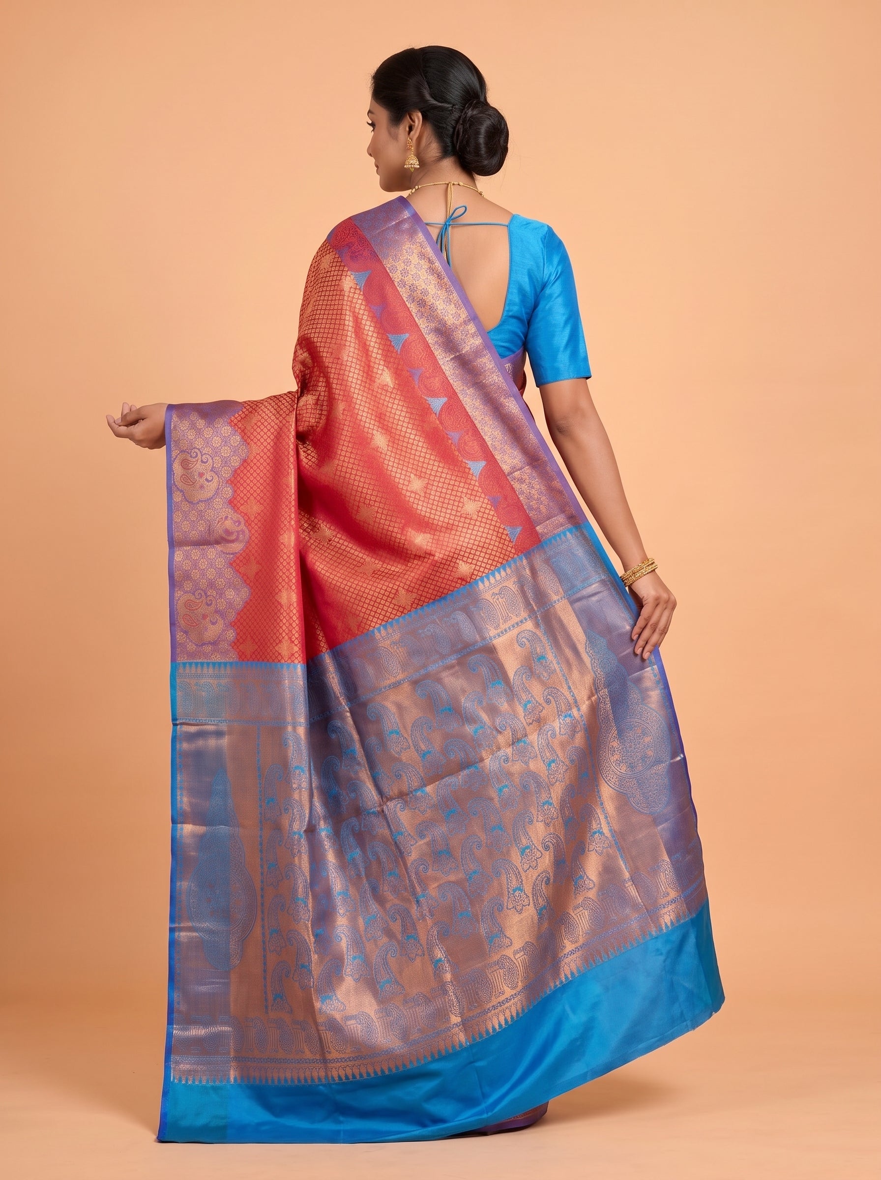 Crimson Red and Royal Blue Antique Gold Zari Woven Semi Kanchivaram Silk Saree
