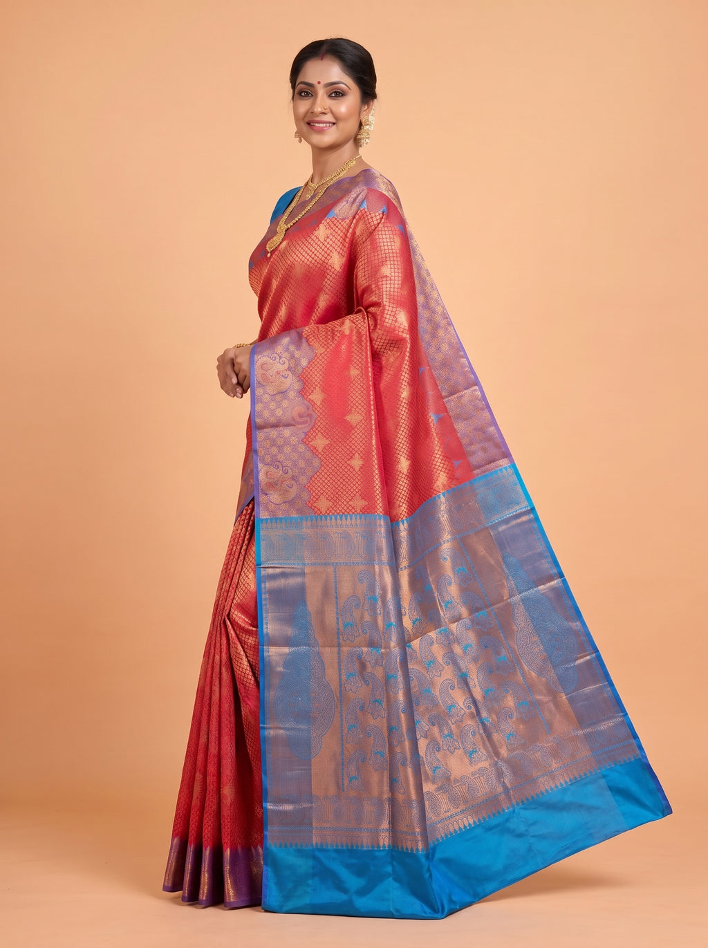 Crimson Red and Royal Blue Antique Gold Zari Woven Semi Kanchivaram Silk Saree