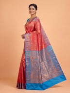 Crimson Red and Royal Blue Antique Gold Zari Woven Semi Kanchivaram Silk Saree