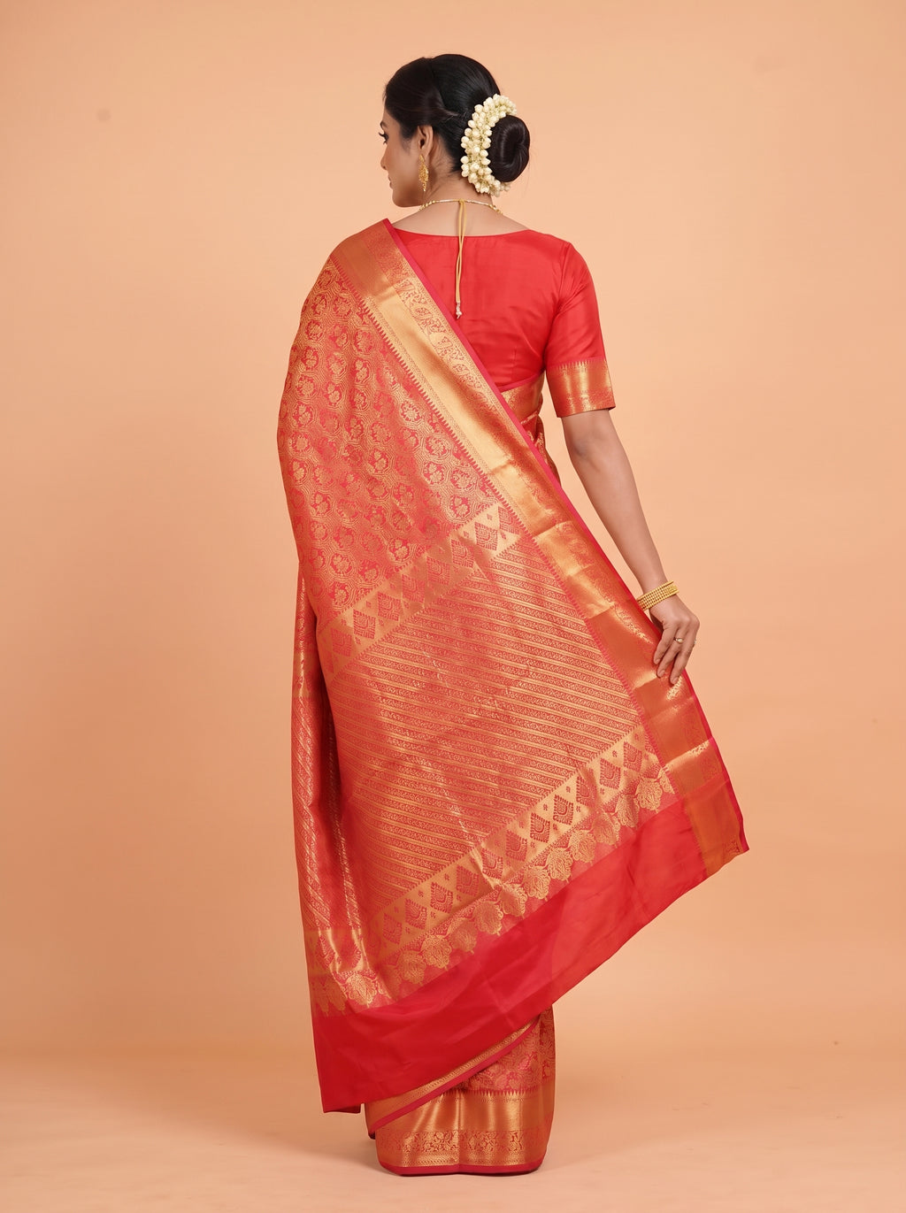 Rich Maroon Red Antique Gold Zari Woven Semi Kanchivaram Silk Saree