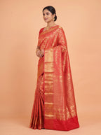 Rich Maroon Red Antique Gold Zari Woven Semi Kanchivaram Silk Saree