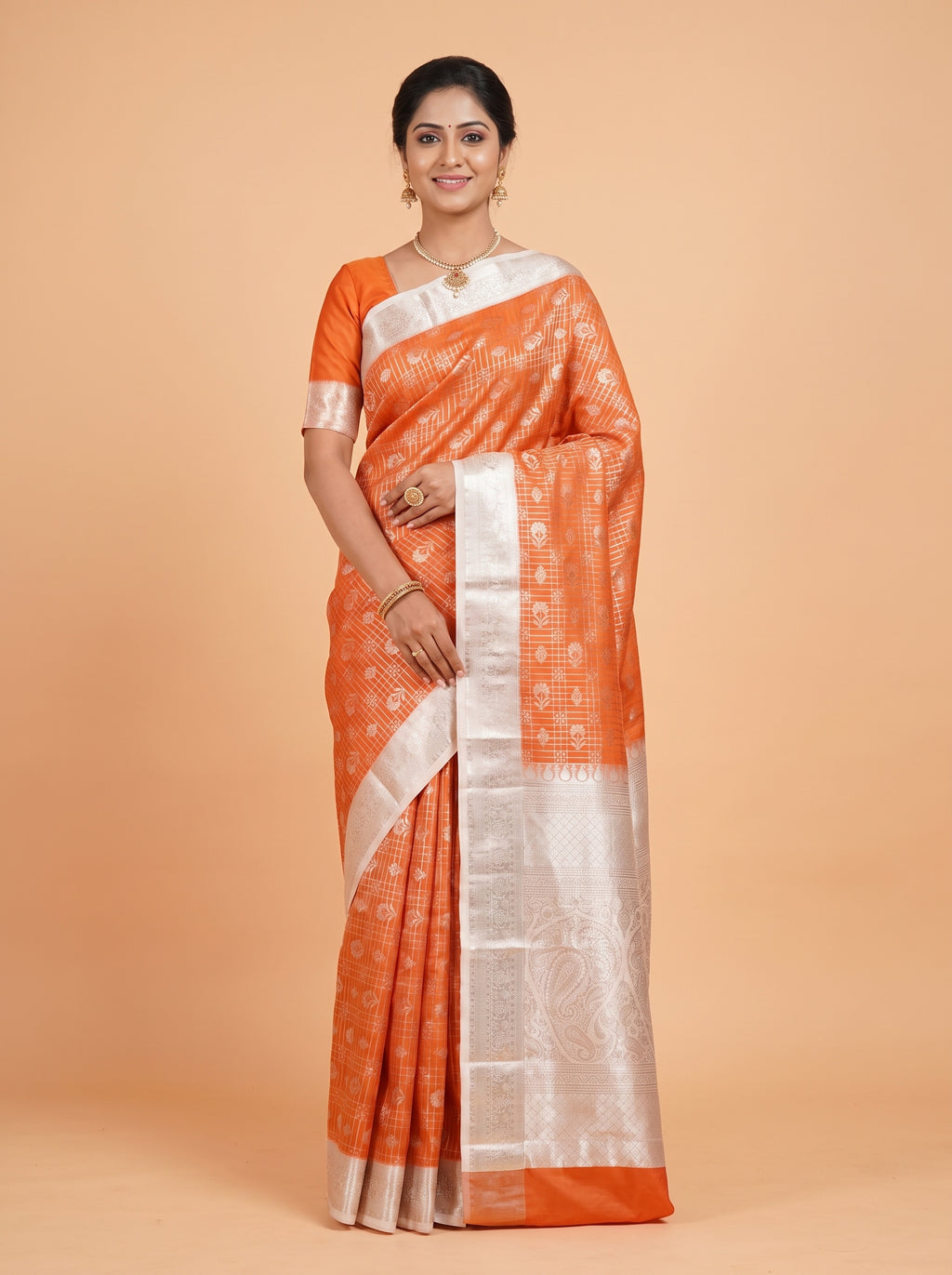 Rust Orange and Silver Zari Woven Semi Kanchivaram Silk Saree