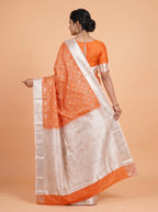 Rust Orange and Silver Zari Woven Semi Kanchivaram Silk Saree