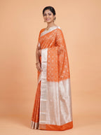 Rust Orange and Silver Zari Woven Semi Kanchivaram Silk Saree